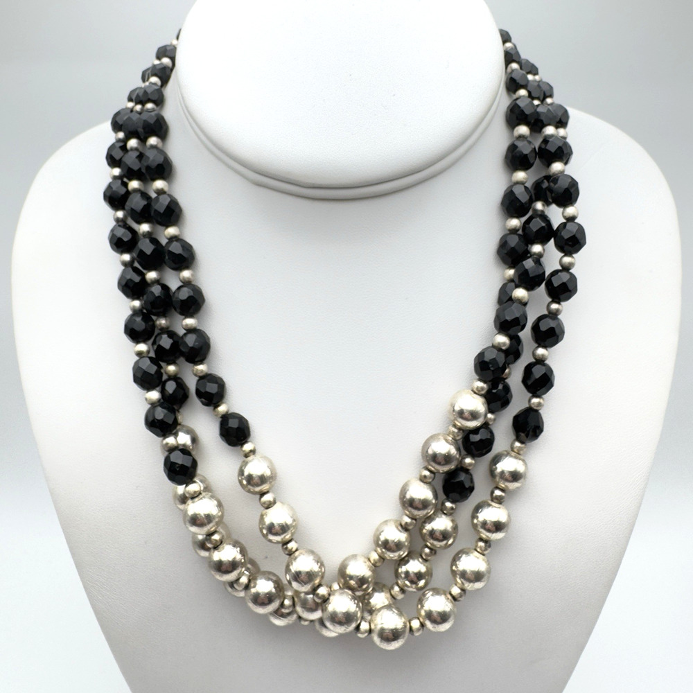 Vintage HOBE Necklace Signed Triple Strand Faceted French Jet 16"